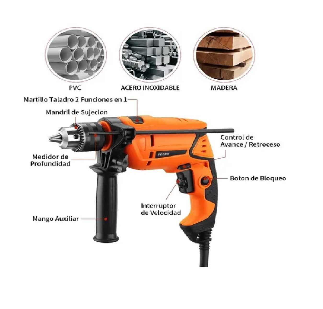 Set Taladro Rotomartillo 1/2 Prof 650w con estuche Naranja