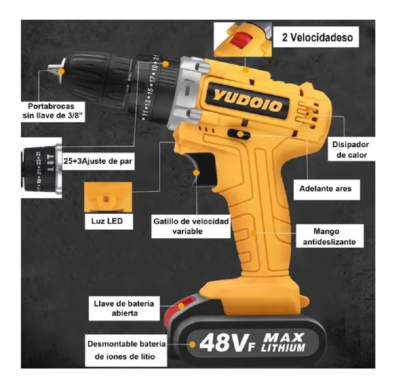 Taladro Atornillador De Impacto Inalámbrico Con 2 Baterías Amarillo