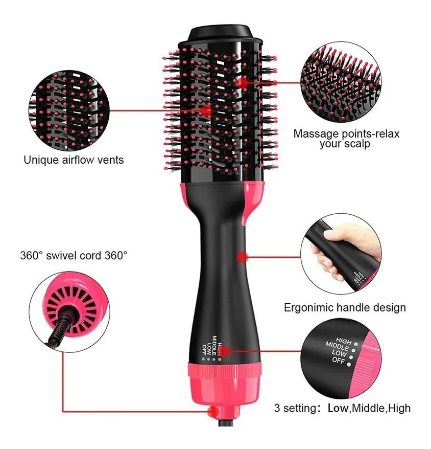 Cepillo Secadora Cabello Electrico Alisador Rizador 3 En 1