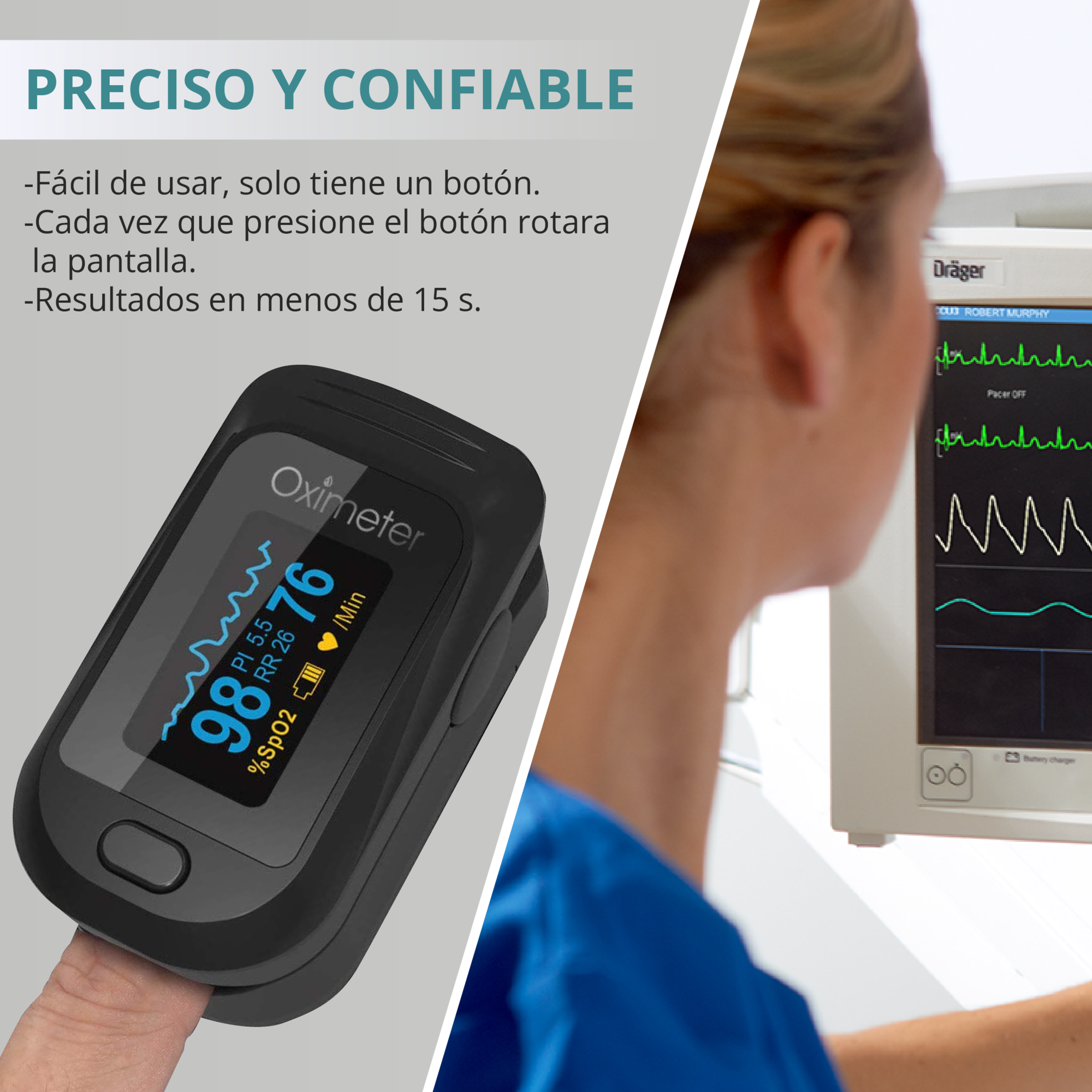 Oxímetro SENKU 4 en 1, Saturación de oxígeno, Frecuencia cardíaca, frecuencia respiratoria, Índice de perfusión sanguínea, Hospital Deporte Hogar, Bebes Niños Adultos
