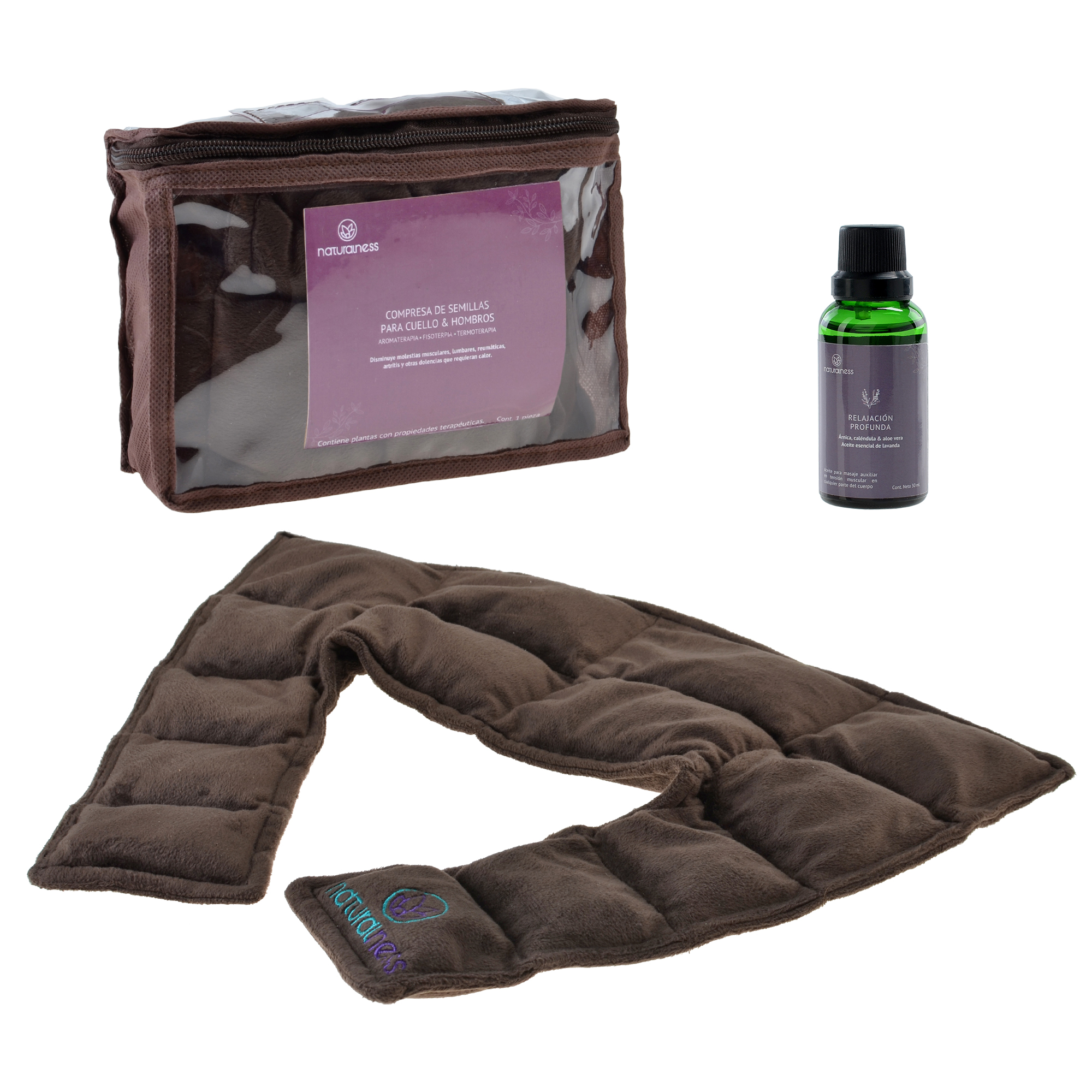 Paquete Compresa para cuello y hombros. Elaborada con Semillas y Plantas Medicinales -Y Aceite para masaje Descanso Profundo de 30ml (Compresa + Aceite 30 ml)