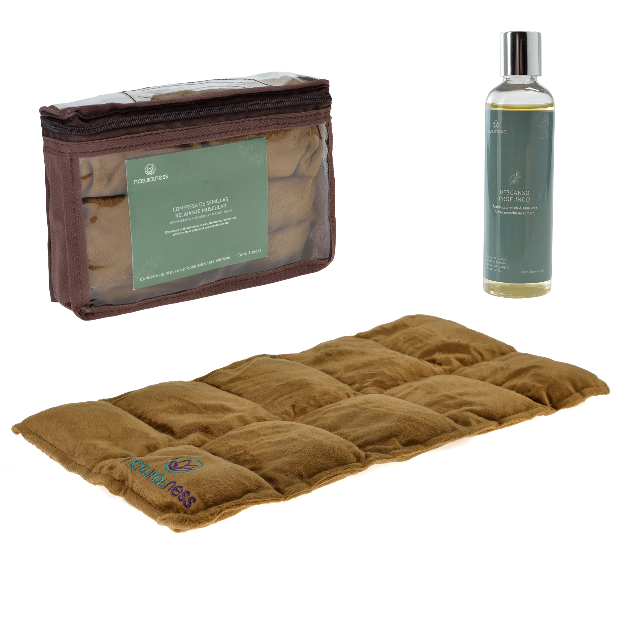 Paquete Compresa Muscular Grande . Elaborada con Semillas y Plantas Medicinales -Y Aceite para masaje Descanso Profundo de 125 ml (Compresa + Aceite 125 ml)