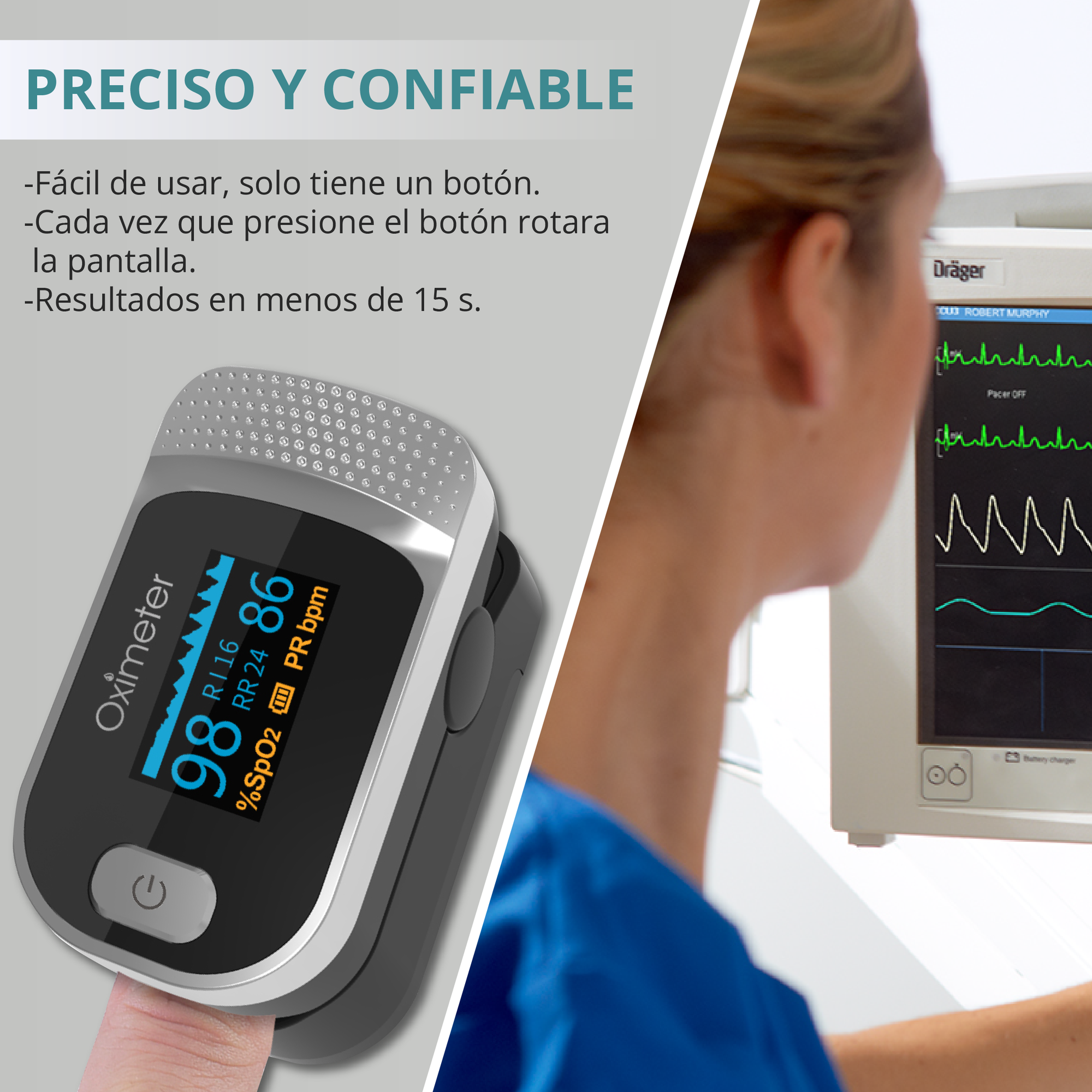 SENKU Oxímetro Monitor Oxigeno Digital 4 en 1, Adultos Niños, Hogar Hospital Deporte, Certificado CE FDA