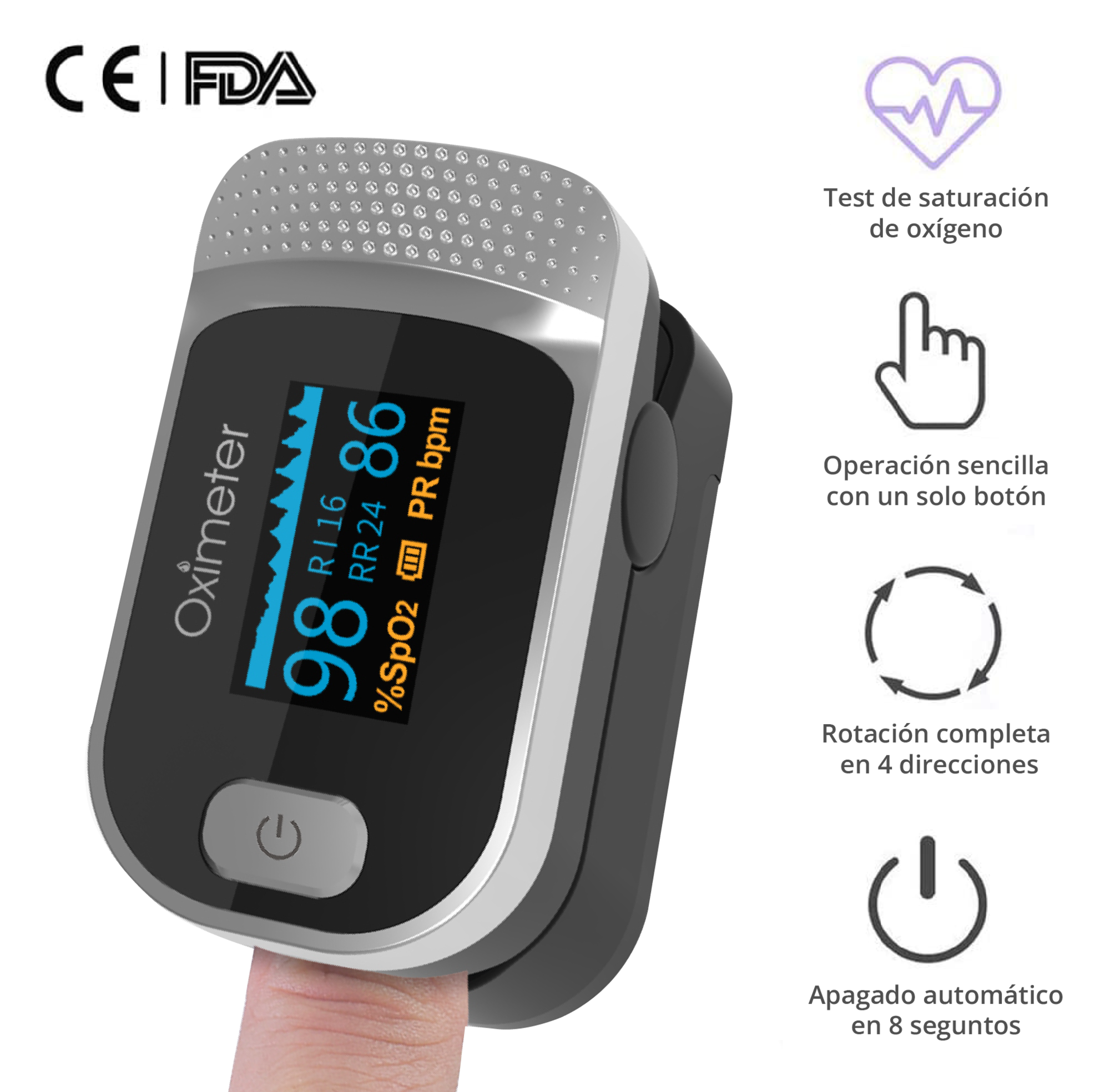 SENKU Oxímetro Monitor Oxigeno Digital 4 en 1, Adultos Niños, Hogar Hospital Deporte, Certificado CE FDA