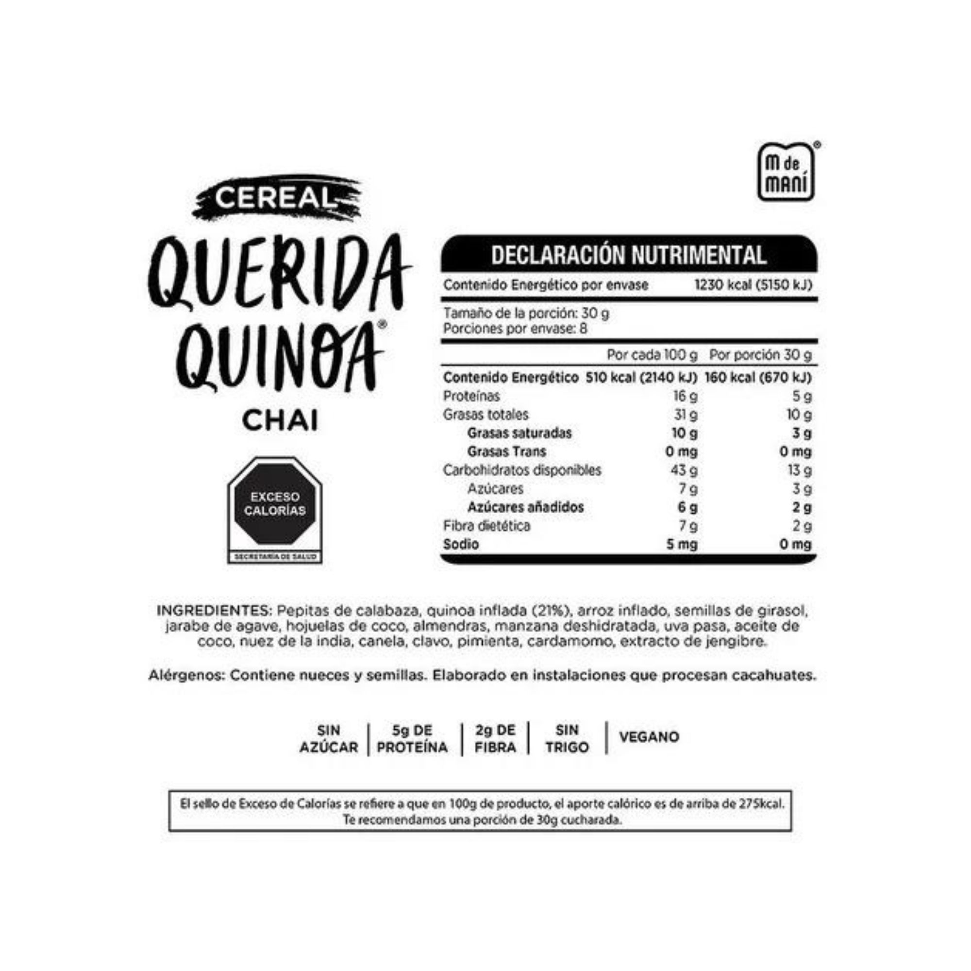 Cereal Querida Quinoa Chai 240g M De Maní Sin Azúcar Natural