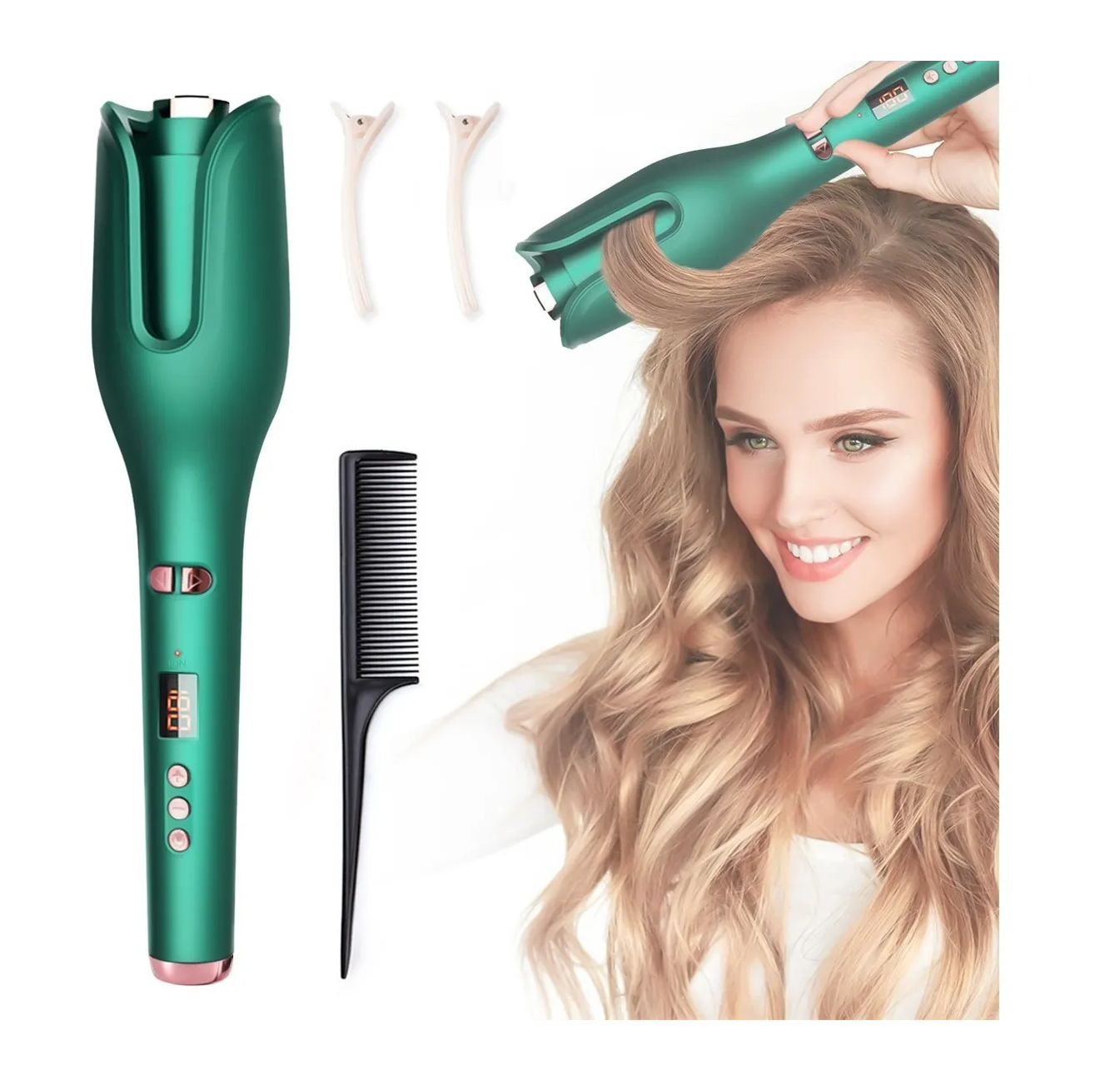 Rizadora Para El Cabello De Pelo Cerámica Automático Con Lcd Verde