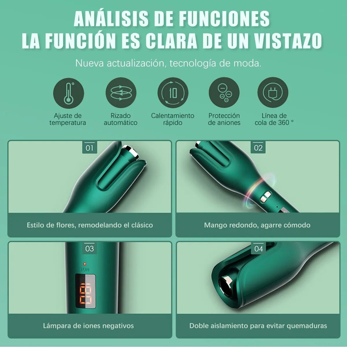 Rizadora Para El Cabello De Pelo Cerámica Automático Con Lcd Verde