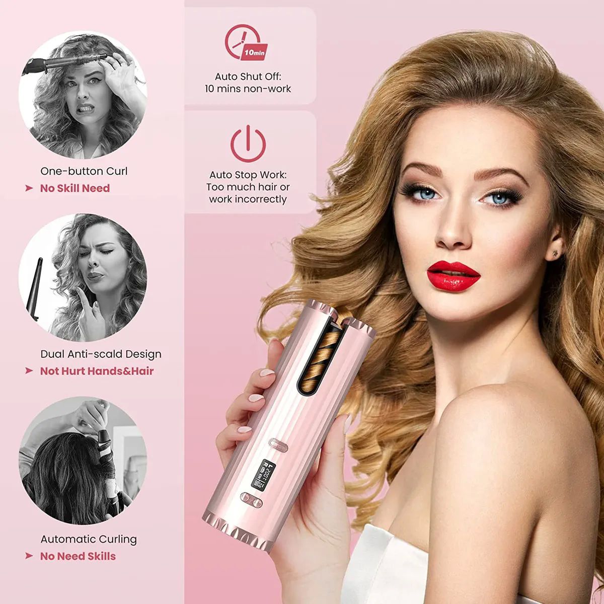 Rizadora De Cabello Inalámbrico Automático Lcd 34w 150-200c Rosa