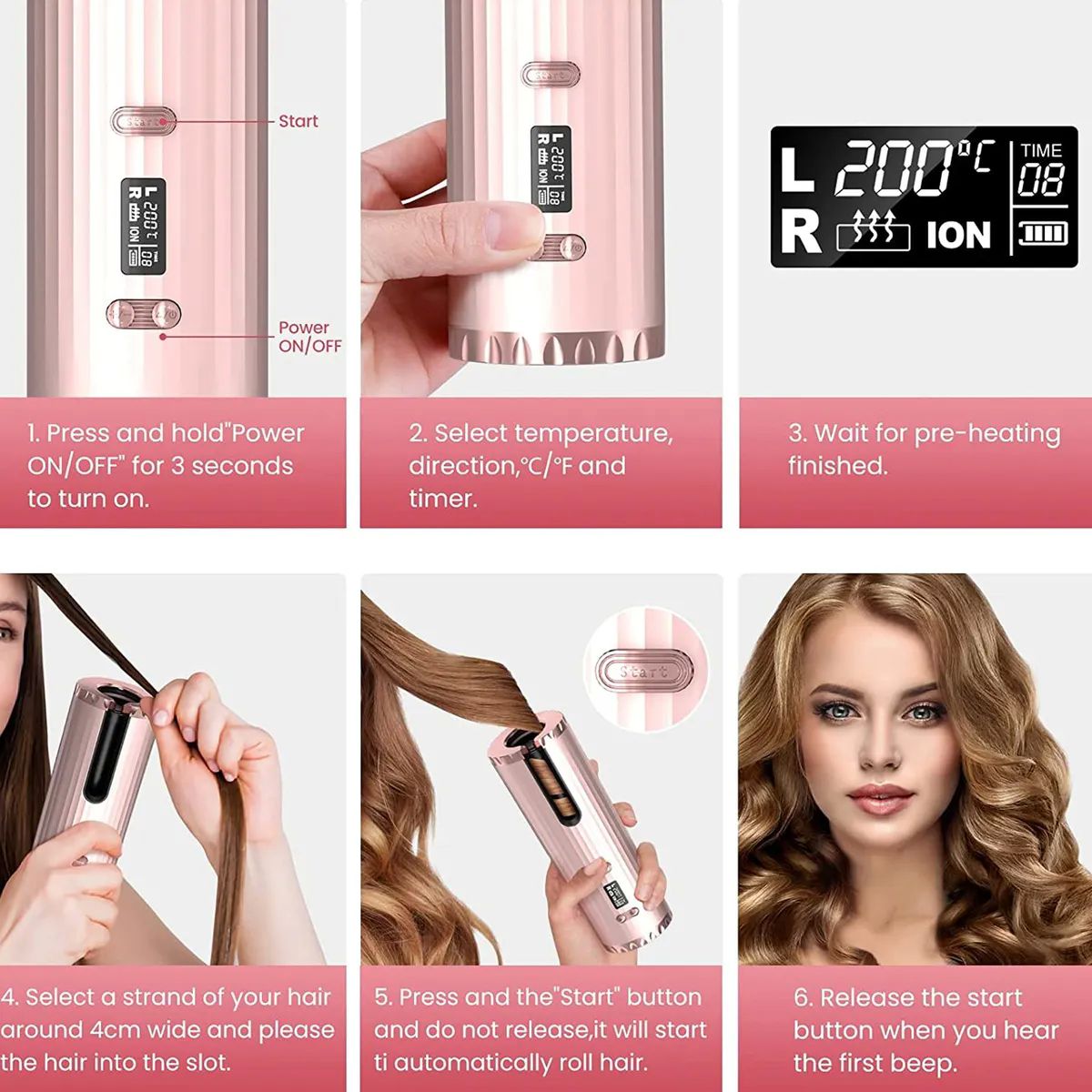 Rizadora De Cabello Inalámbrico Automático Lcd 34w 150-200c Rosa