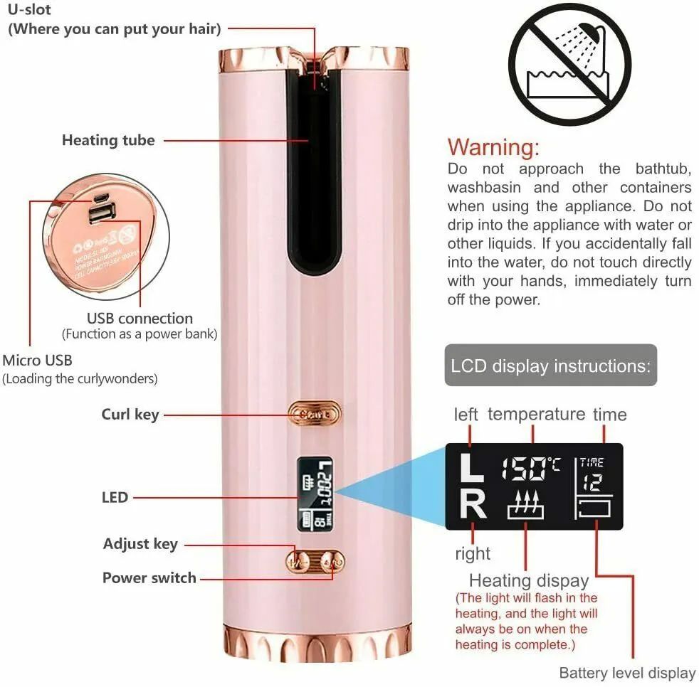 Rizadora De Cabello Inalámbrico Automático Lcd 34w 150-200c Rosa