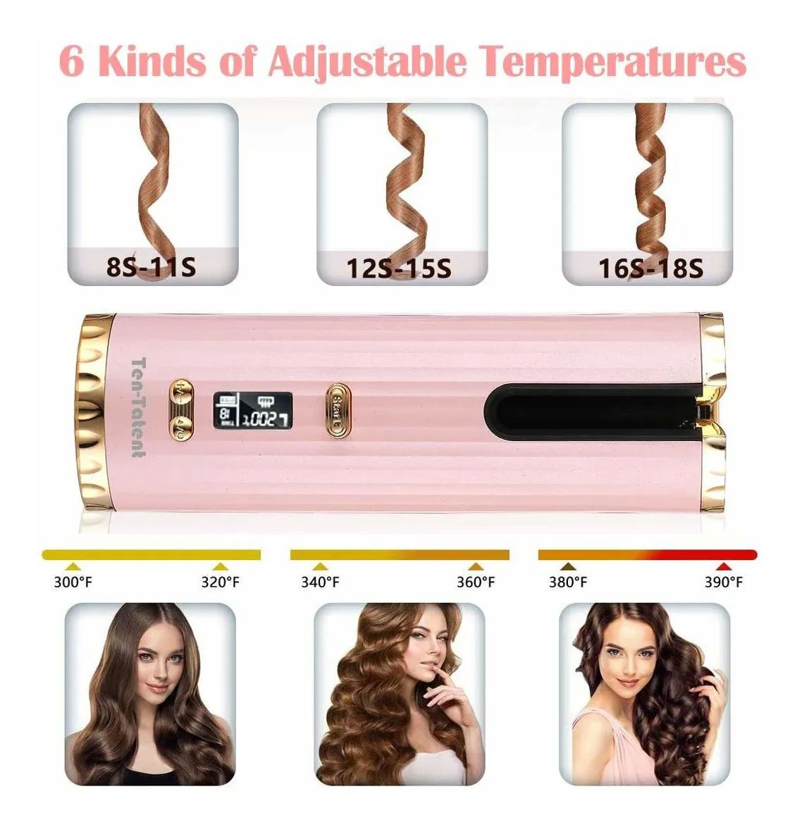 Rizadora De Cabello Inalámbrico Automático Lcd 34w 150-200c Rosa