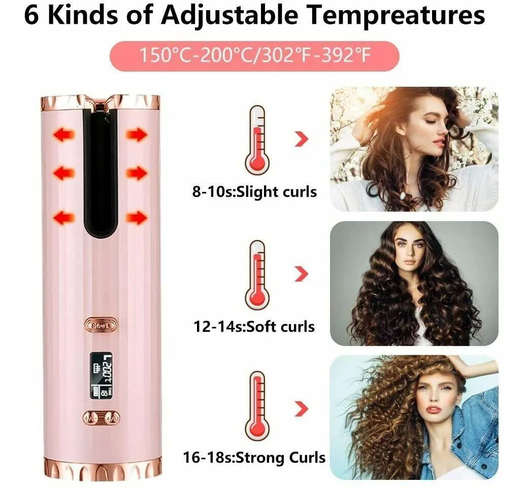 Rizadora De Cabello Inalámbrico Automático Lcd 34w 150-200c Rosa