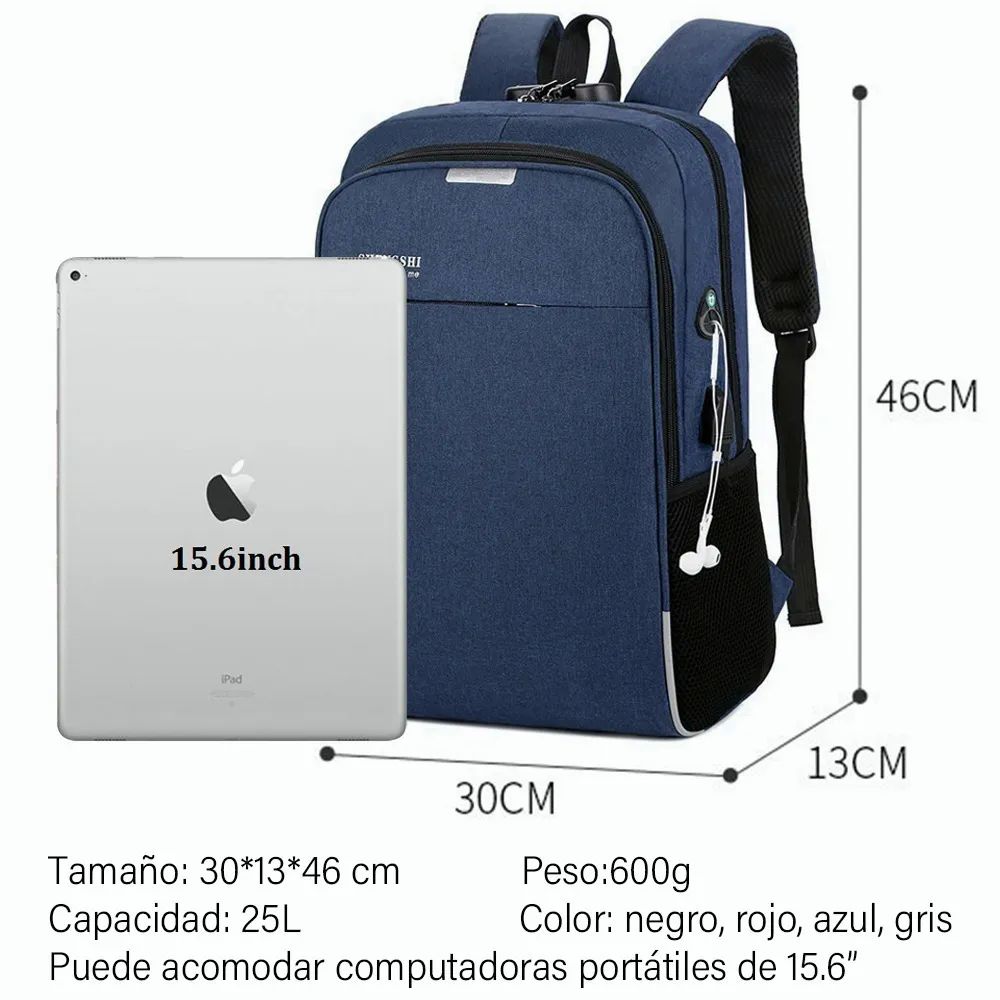 Mochila Porta Laptop con Puerto USB Unisex Azul