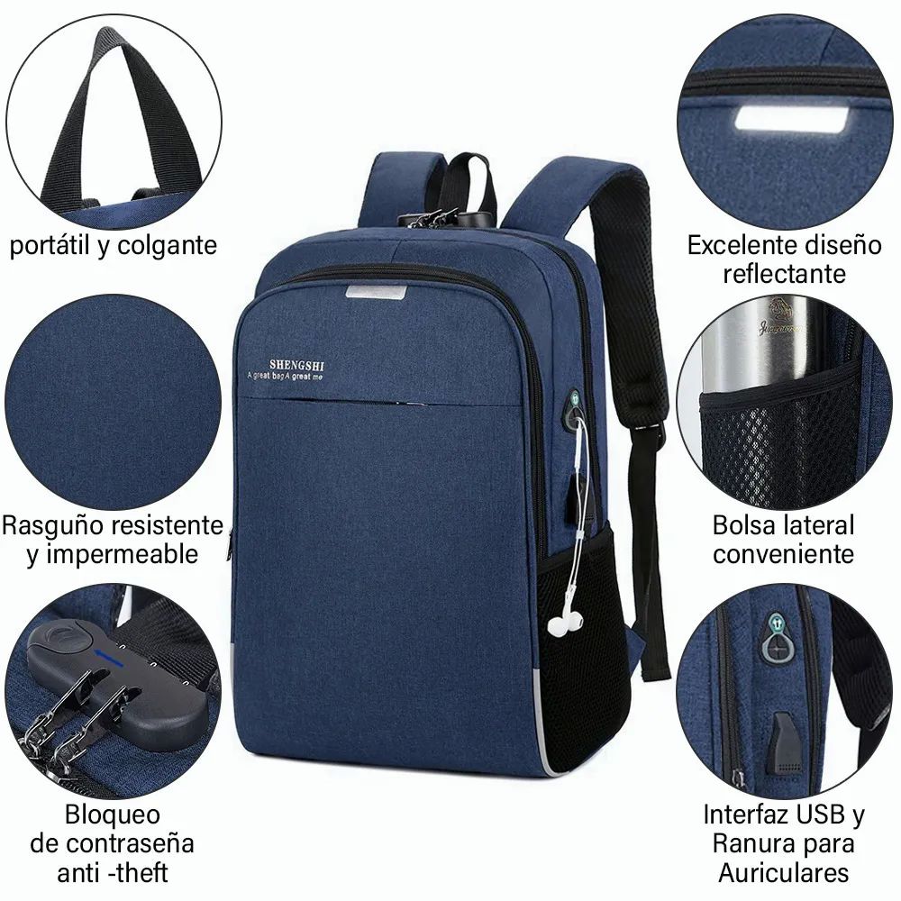 Mochila Porta Laptop con Puerto USB Unisex Azul