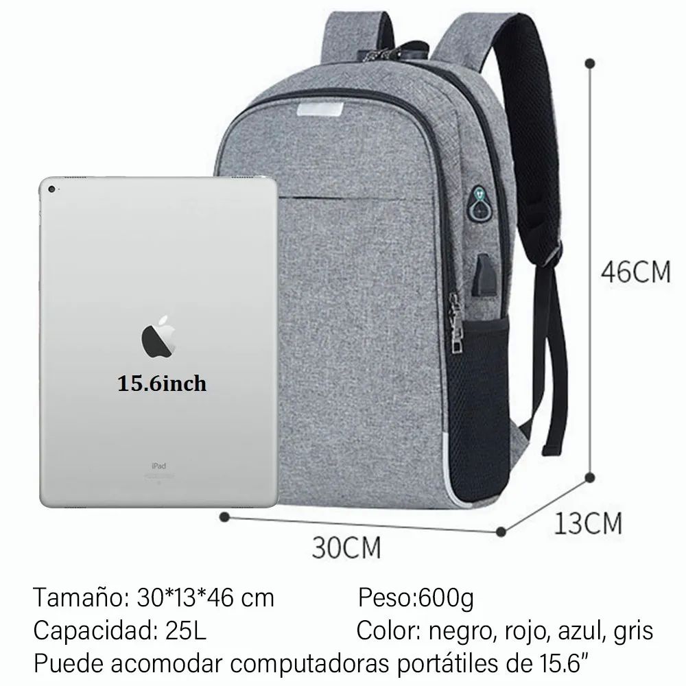 Mochila Porta Laptop con Puerto USB Unisex Gris