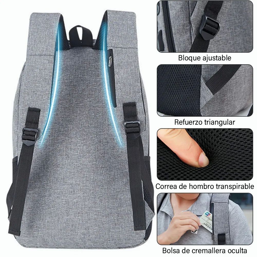 Mochila Porta Laptop con Puerto USB Unisex Gris