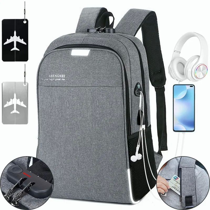 Mochila Porta Laptop con Puerto USB Unisex Gris