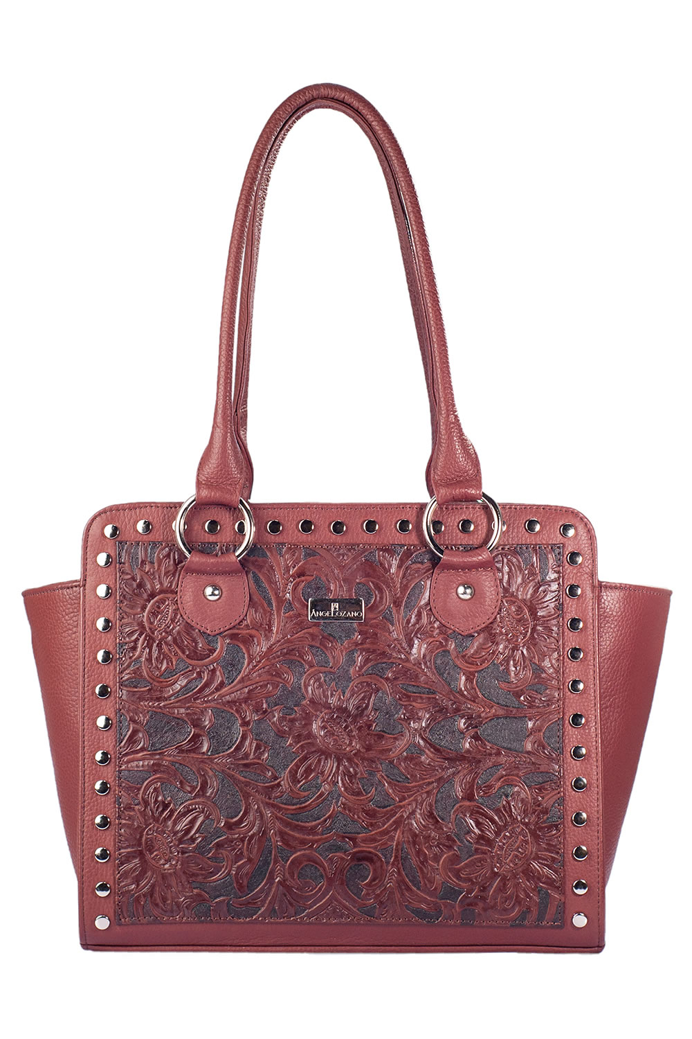 Bolso tipo Tote A ÁNGELOZANO  de Piel Vacuna con Grabado tipo Cincelado y detalles pintados a mano Modelo Alba.