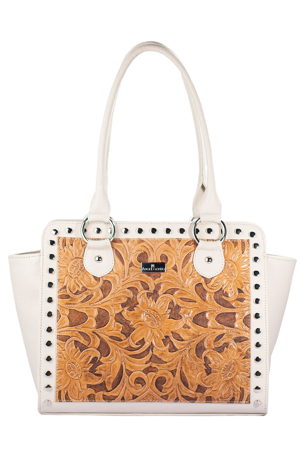 Bolso tipo Tote A ÁNGELOZANO  de Piel Vacuna con Grabado tipo Cincelado y detalles pintados a mano Modelo Alba.