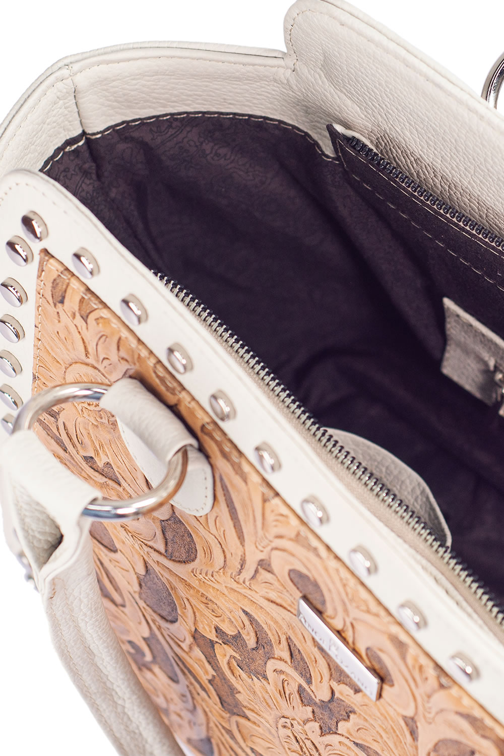 Bolso tipo Tote A ÁNGELOZANO  de Piel Vacuna con Grabado tipo Cincelado y detalles pintados a mano Modelo Alba.