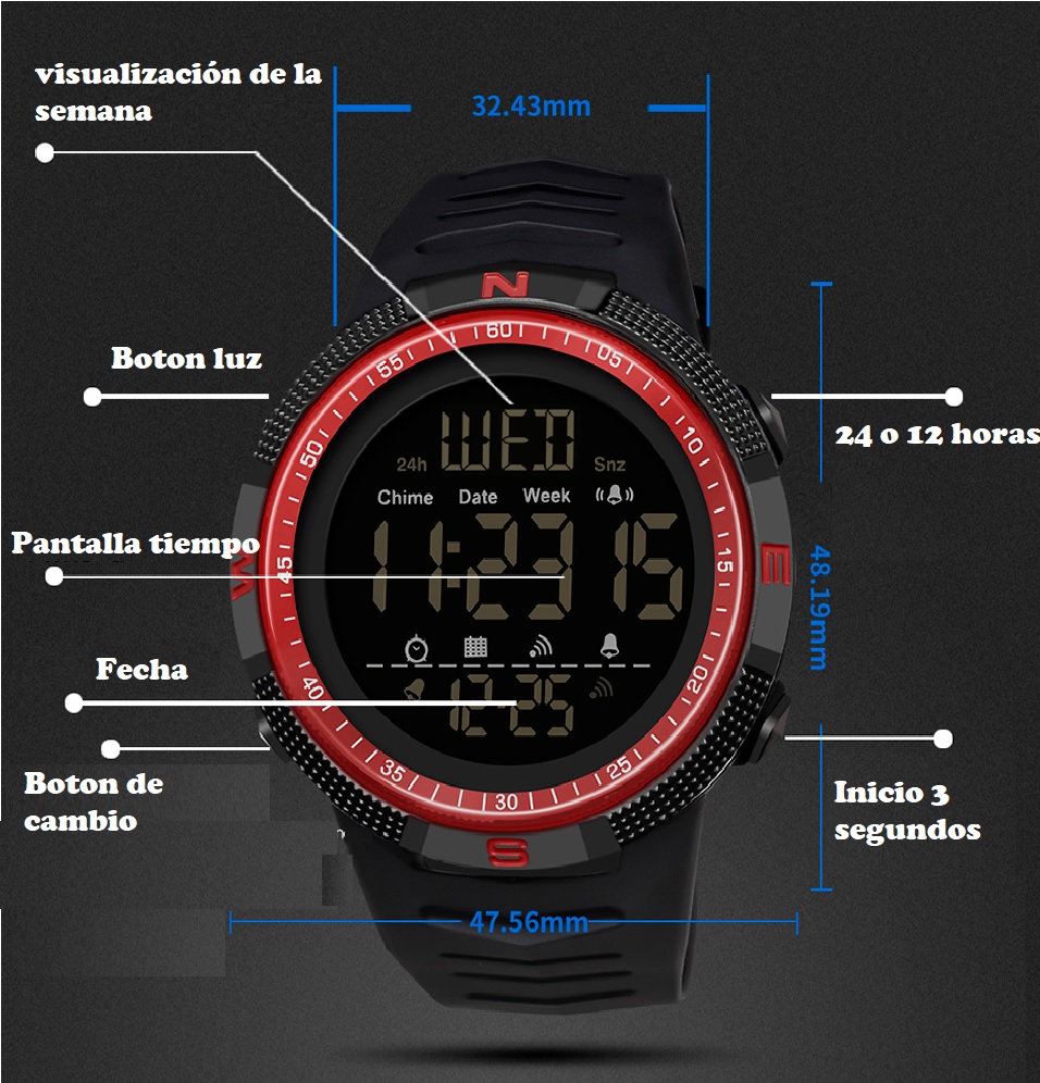 Reloj deportivo militar rojo pulsera digital prueba golpes cuenta atrás resistente agua táctico