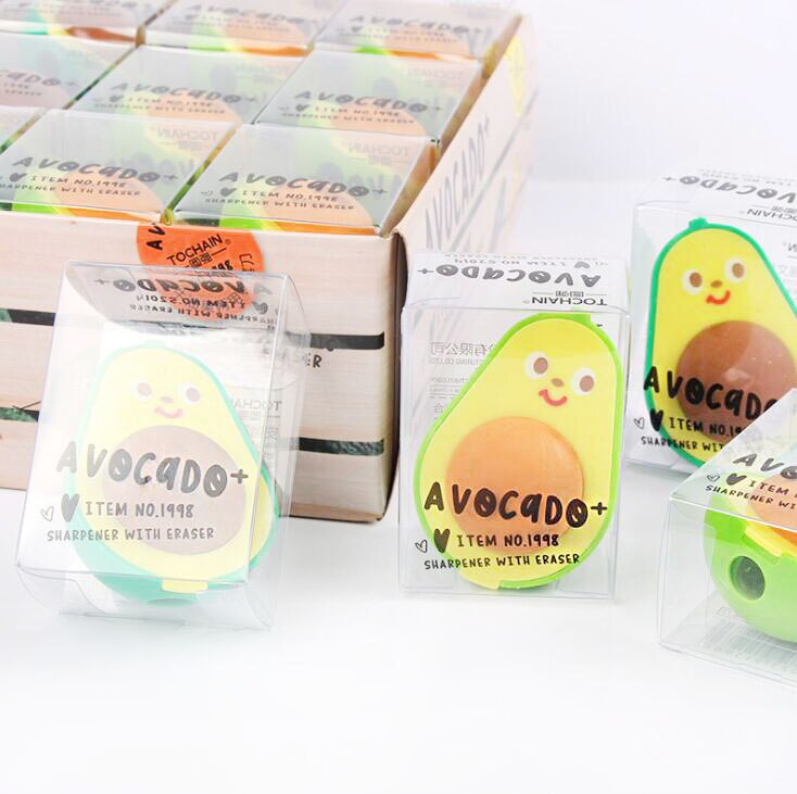 Goma de borrar con forma de Aguacate Kawaii SET 2 PCS, Sacapuntas y Borrador Dos en Uno, suministros de papelería para estudiantes