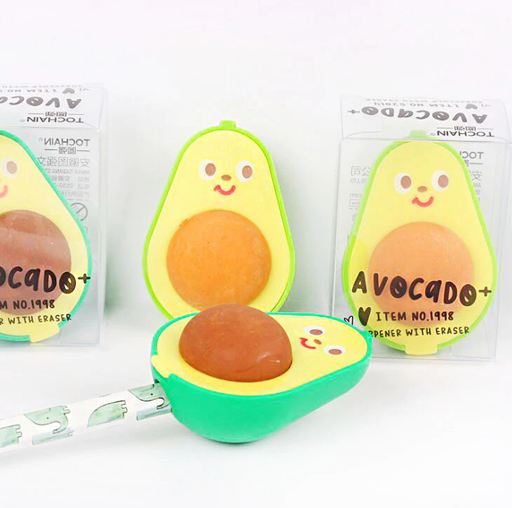 Goma de borrar con forma de Aguacate Kawaii SET 2 PCS, Sacapuntas y Borrador Dos en Uno, suministros de papelería para estudiantes