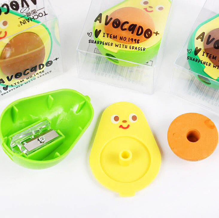 Goma de borrar con forma de Aguacate Kawaii SET 2 PCS, Sacapuntas y Borrador Dos en Uno, suministros de papelería para estudiantes