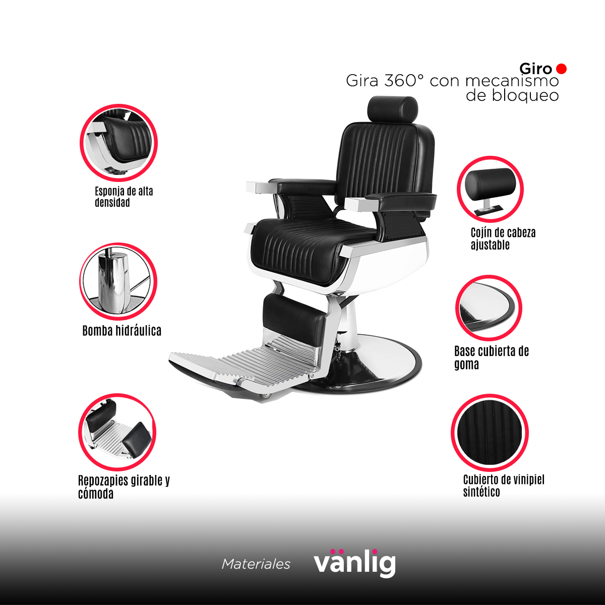 Sillón Peluquero Silla Barbería Clasico Premium Milan Negro