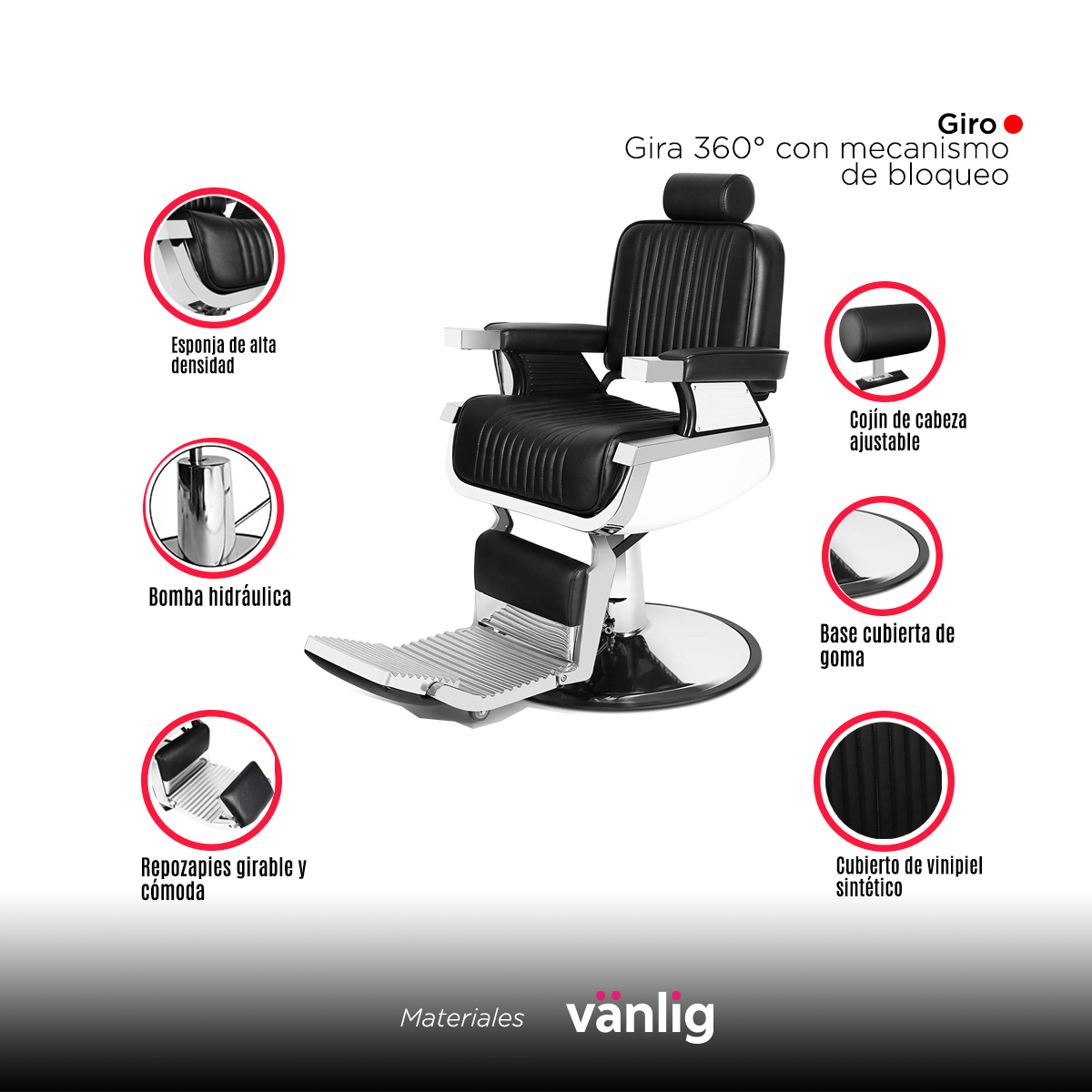 Sillón Peluquero Silla Barbería Clasico Premium Milan Negro con Blanco