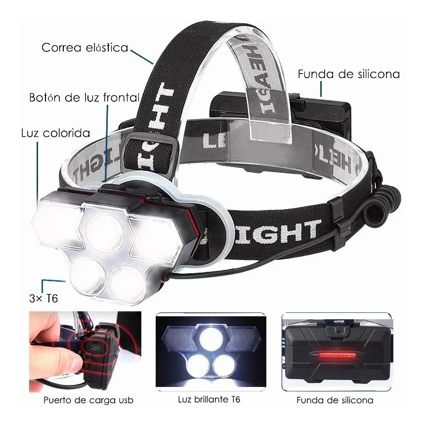 Lampara Cabeza Recargable 12000 Lúmenes Linterna Frontal Led