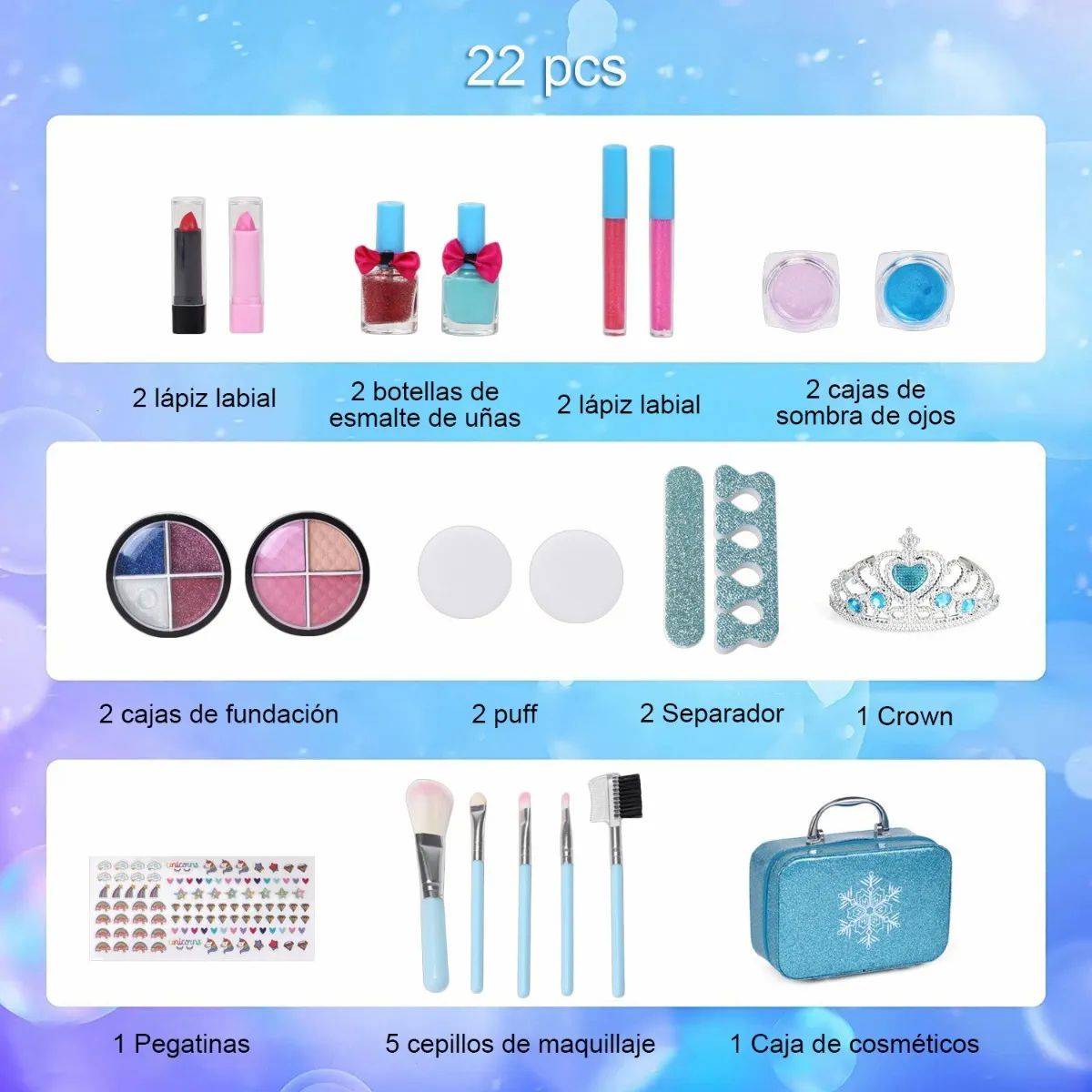 Juegos De Maquillaje Lavables Para Niñas 22 Pz Azul