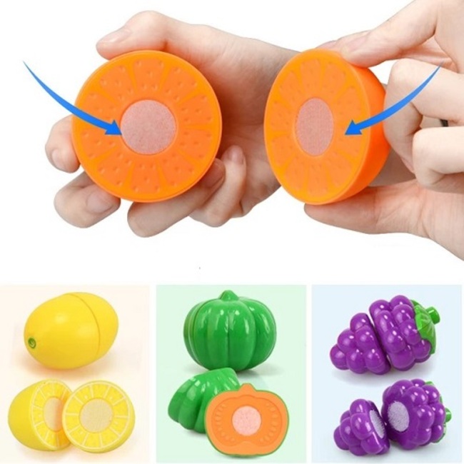 Charola con Frutas de juguete  de Velcro para cortar, con tabla y cuchillo