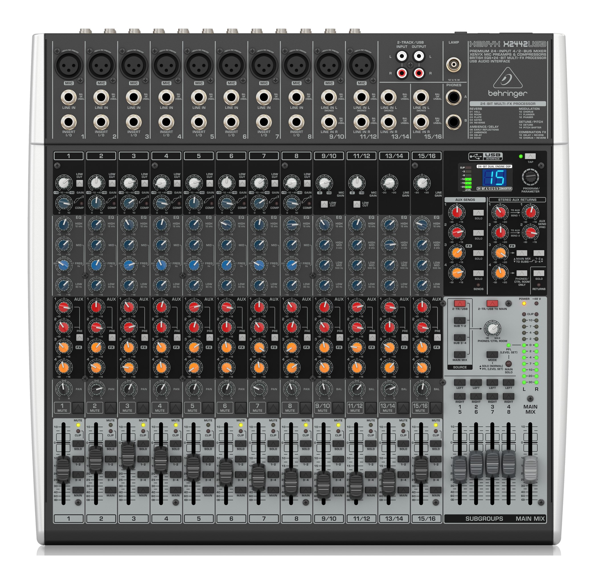 Mezcladora Behringer Xenyx X2442USB de 24 entradas 4/2 con interfaz USB/audio .