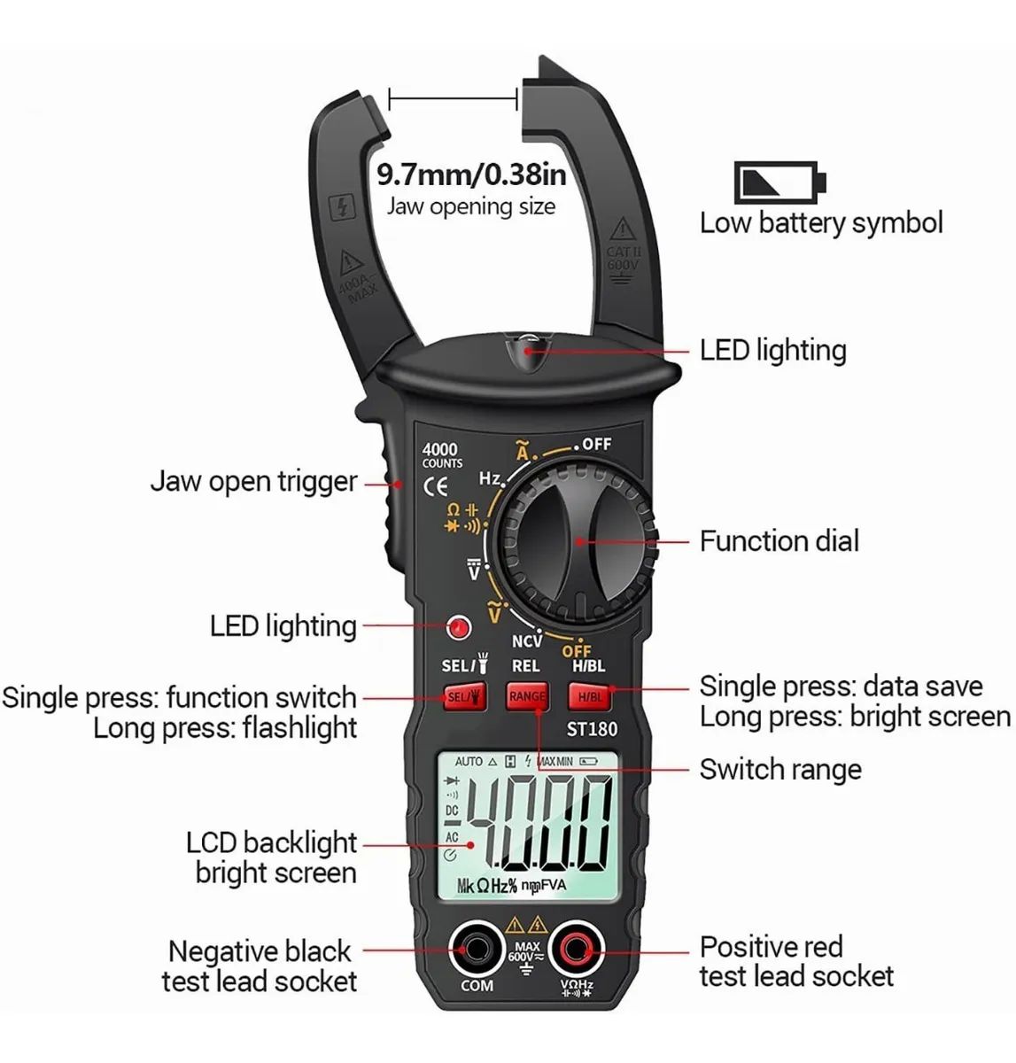 Multímetro De Pinza Amperimétrica Digital De 4000 Cuentas