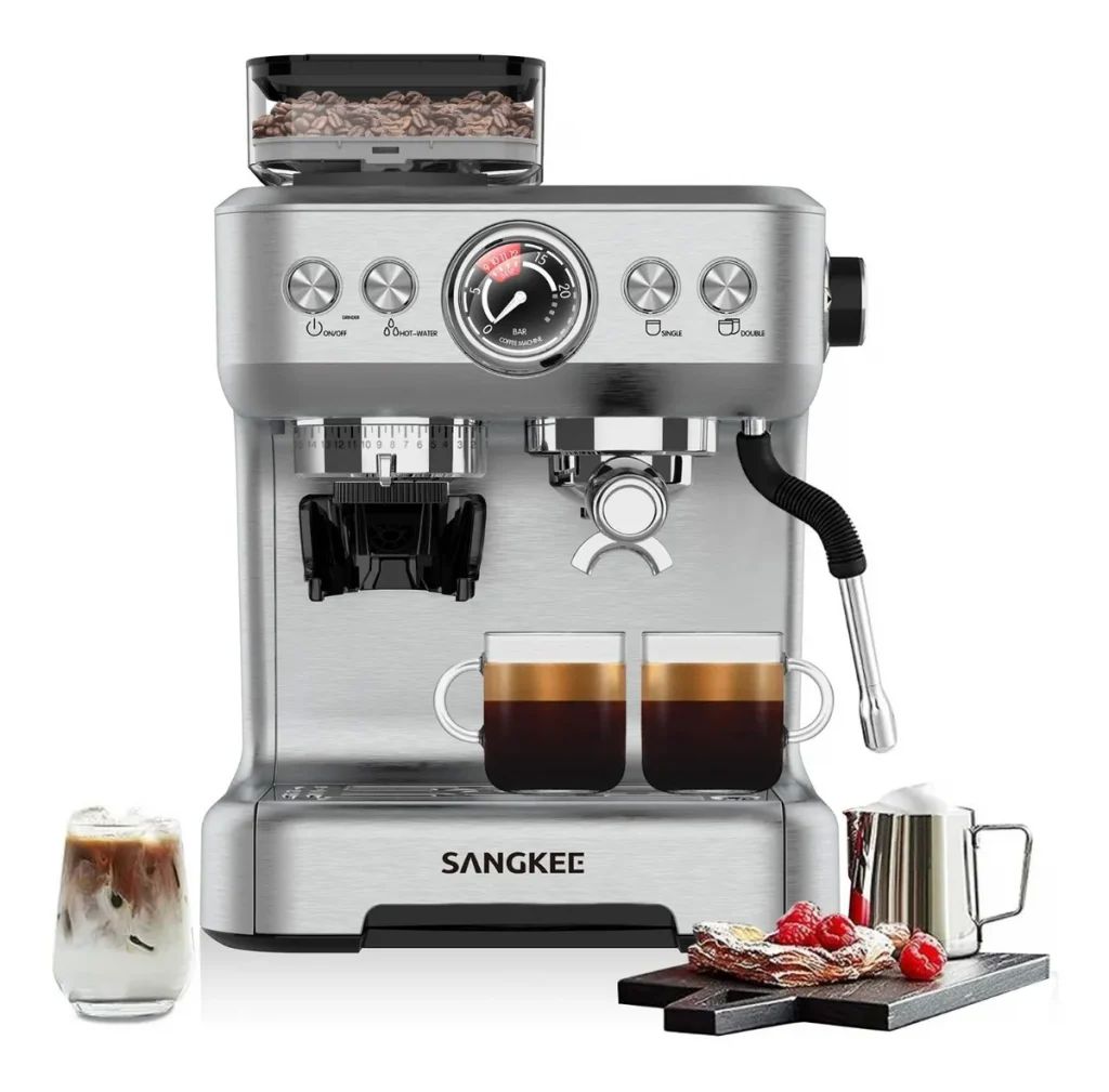 Cafetera Expresso Plateada Con Molinillo Café Y Vaporizado