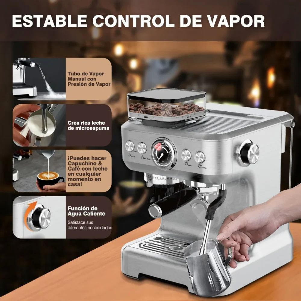 Cafetera Expresso Plateada Con Molinillo Café Y Vaporizado