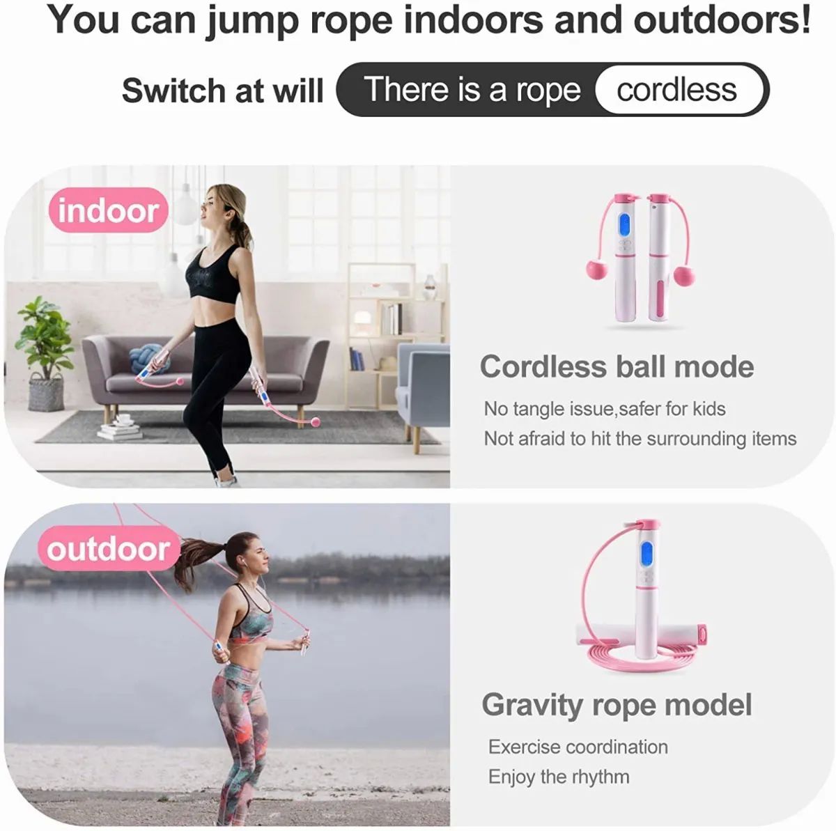 Cuerda De Saltar Digital Ajustable Con Contador Rosa con Blanco