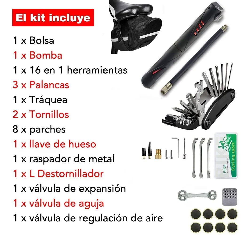 Kit Herramientas Bicicleta Reparación 16 En 1 Con Mini Bomba