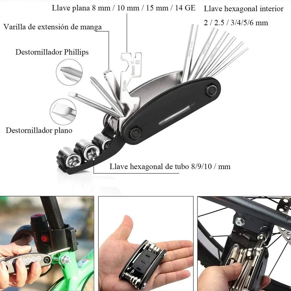 Kit Herramientas Bicicleta Reparación 16 En 1 Con Mini Bomba