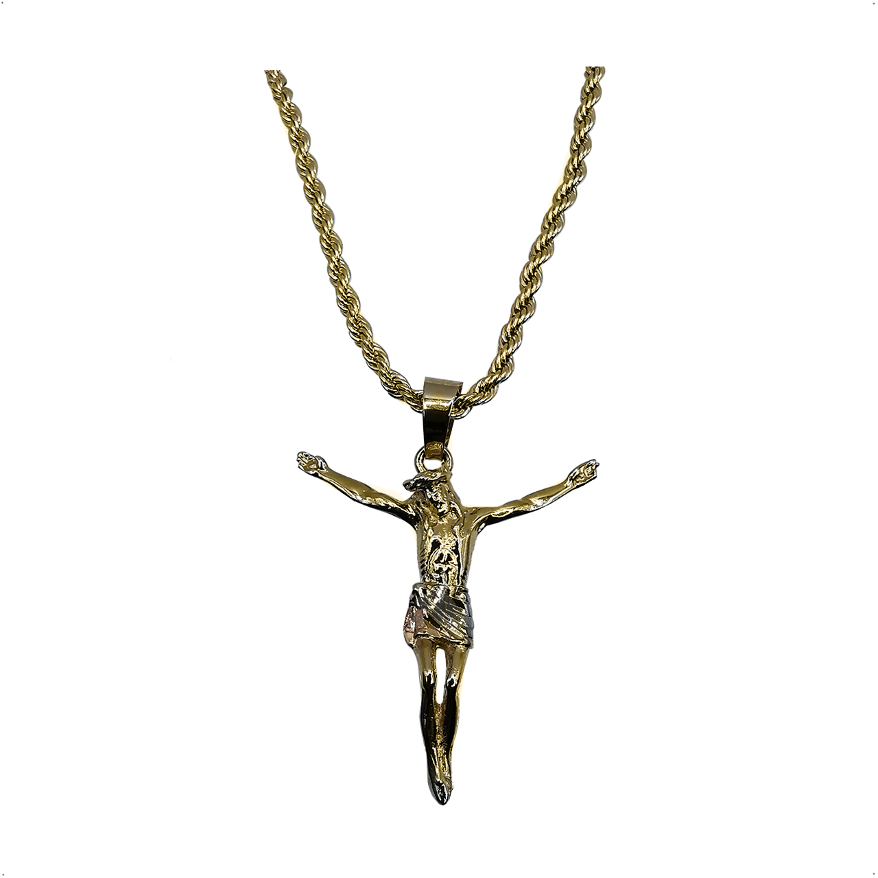 Cruz Cristo Dije + Cadena Torzal Chapa de Oro de 18K Silver & Gold 