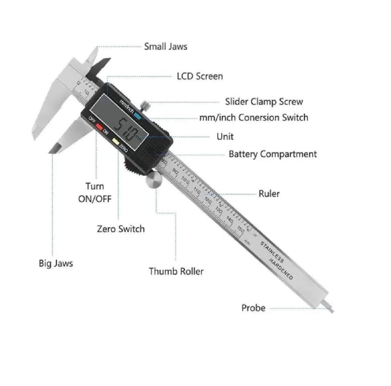Calibre digital de acero inoxidable – Pantalla LED – pulgadas y métrica LCD  eléctrica de 6 pulgadas/150 milímetros de encendido y apagado automático –