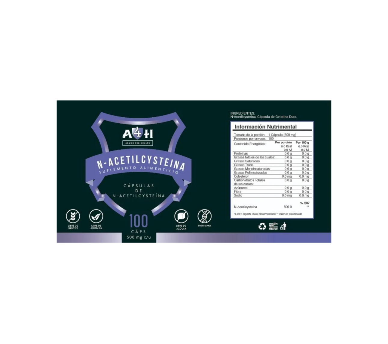 N-acetil Cisteina Nac 500mg 100 Cápsulas - A4h Armor 3 Meses