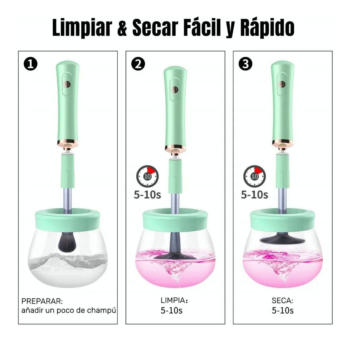 Máquina limpiadora y secadora de brochas de maquillaje, cepillo automático  eléctrico con 8 tamaños de collares de goma, lavar y secar en segundos, kit