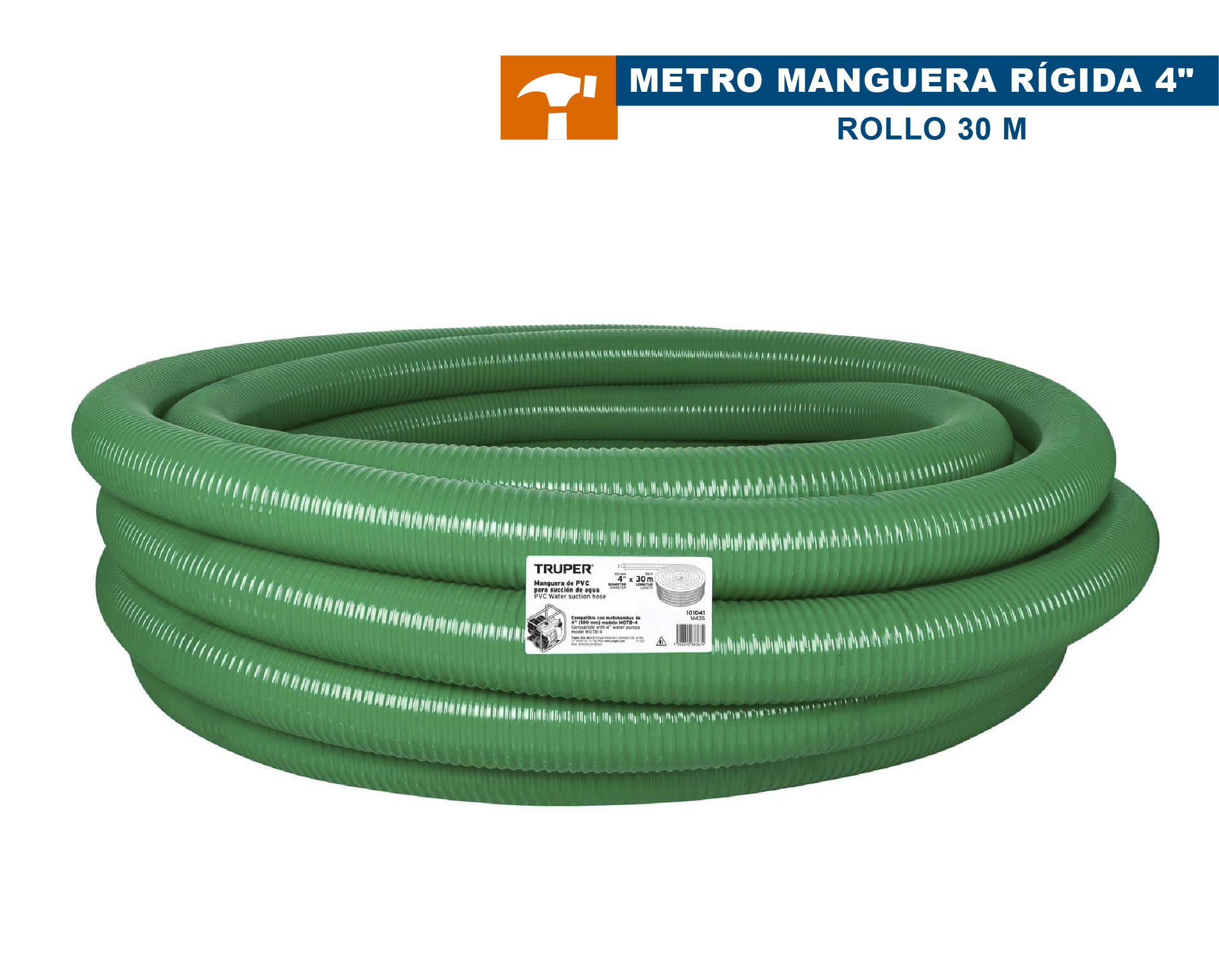 MANGUERA PARA SUCCION DE AGUA, PVC, 4', ROLLO 30M, TRUPER, 101041