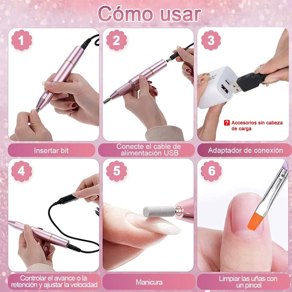 Torno Pulidor De Uñas 19000rpm Accesorio Profesional Rosa