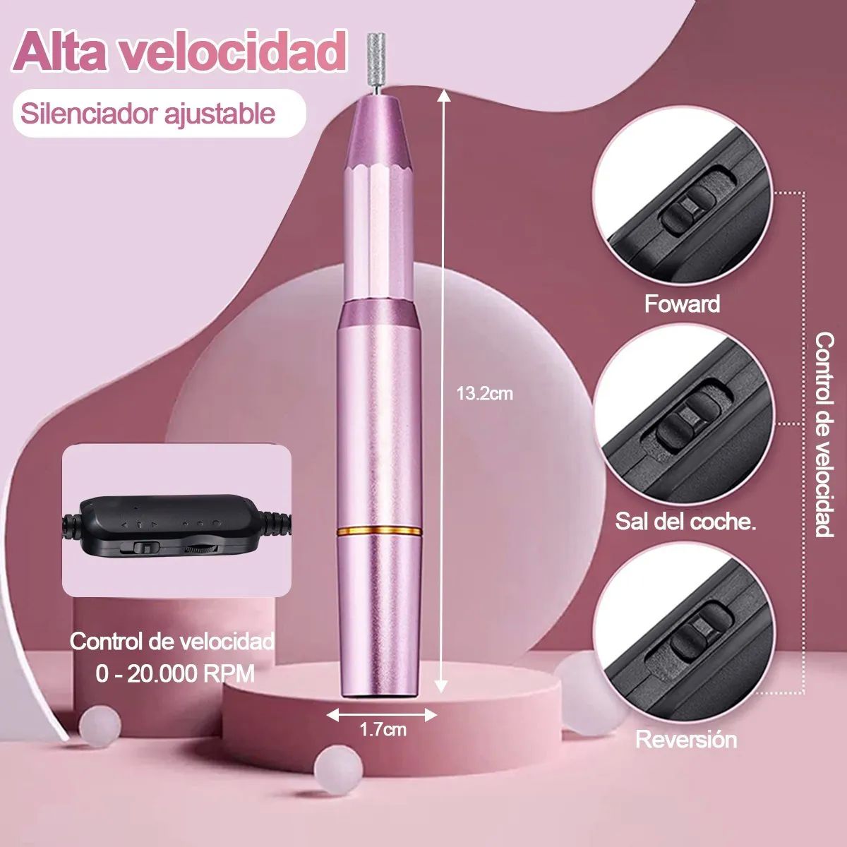 Torno Pulidor De Uñas 19000rpm Accesorio Profesional Rosa
