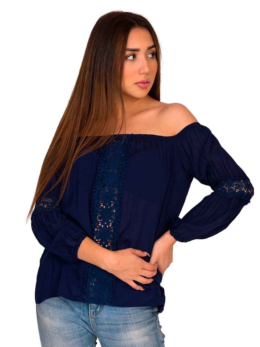 Blusa Lisa Moda Mujer Con Encaje Al Frente Y Mangas Flores M-704