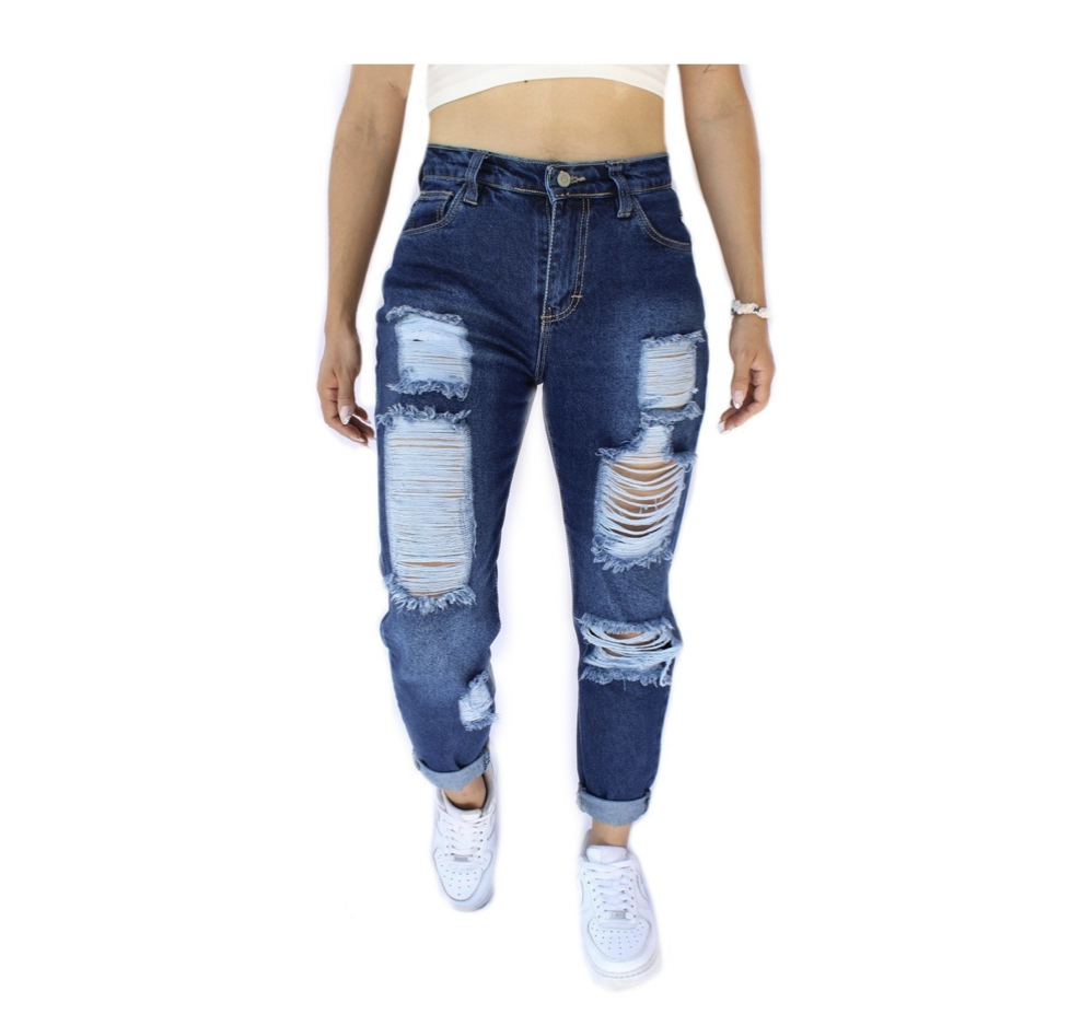 Mom Jeans Con Demolición de Mezclilla Rígida para Dama