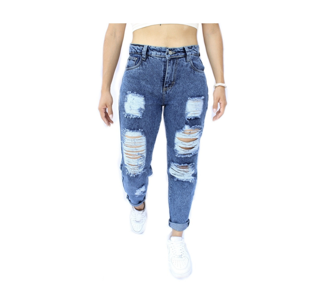 Mom Jeans Con Demolición de Mezclilla Rígida para Dama